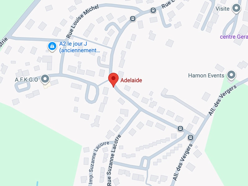 Carte montrant l'emplacement d'Adelaide, près de A2 le jour J et A.F.K.G.O, avec les rues Louise Michel et All. des Vergers.