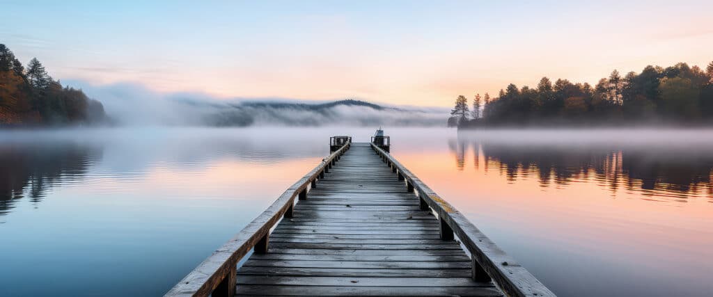 Long ponton en bois s'avançant sur un lac calme et brumeux au lever du soleil, teintes roses et bleues.